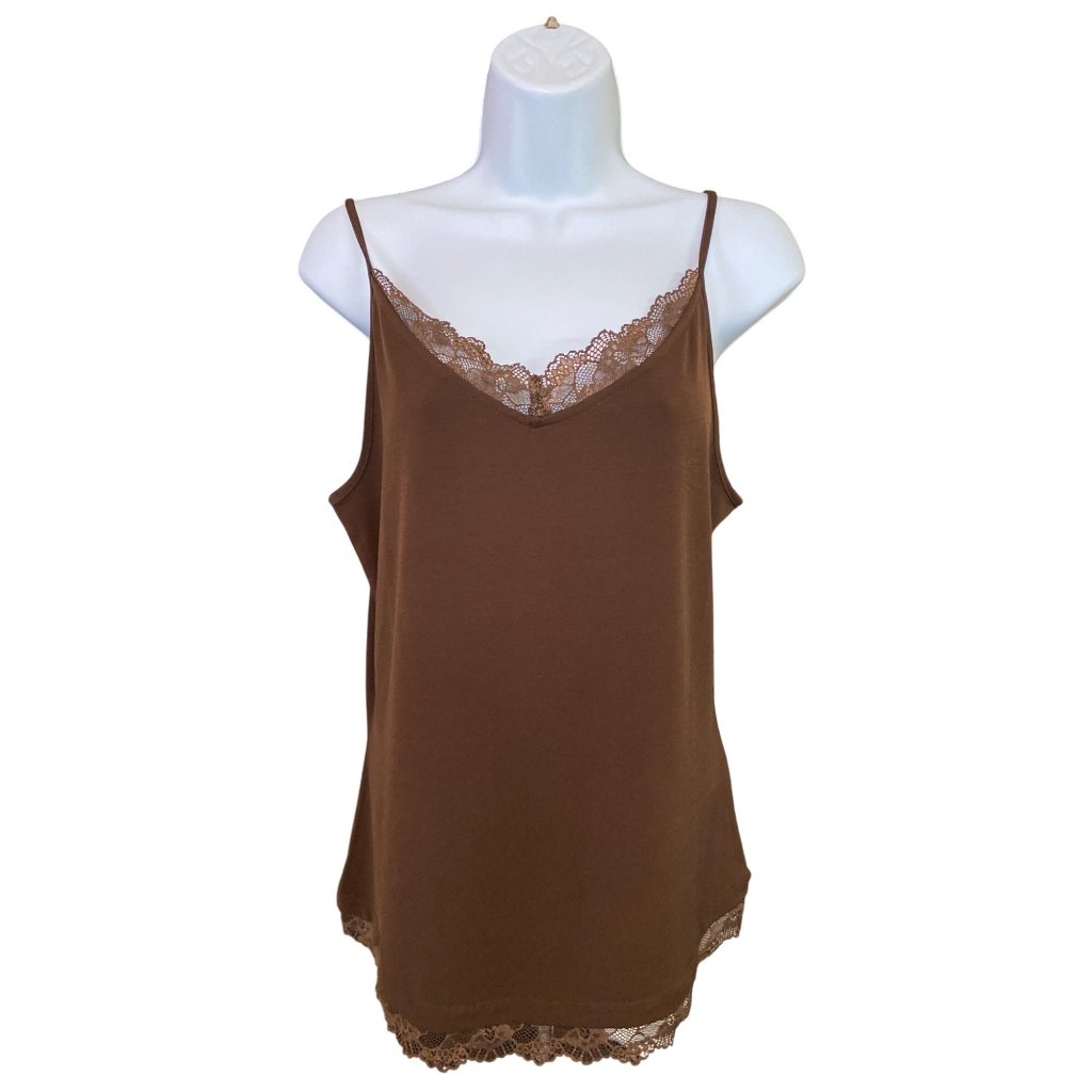 Sg Sleek Essentials Cami Tank Top M Brown Lace Trim Soft Layering Minimalist Y2k